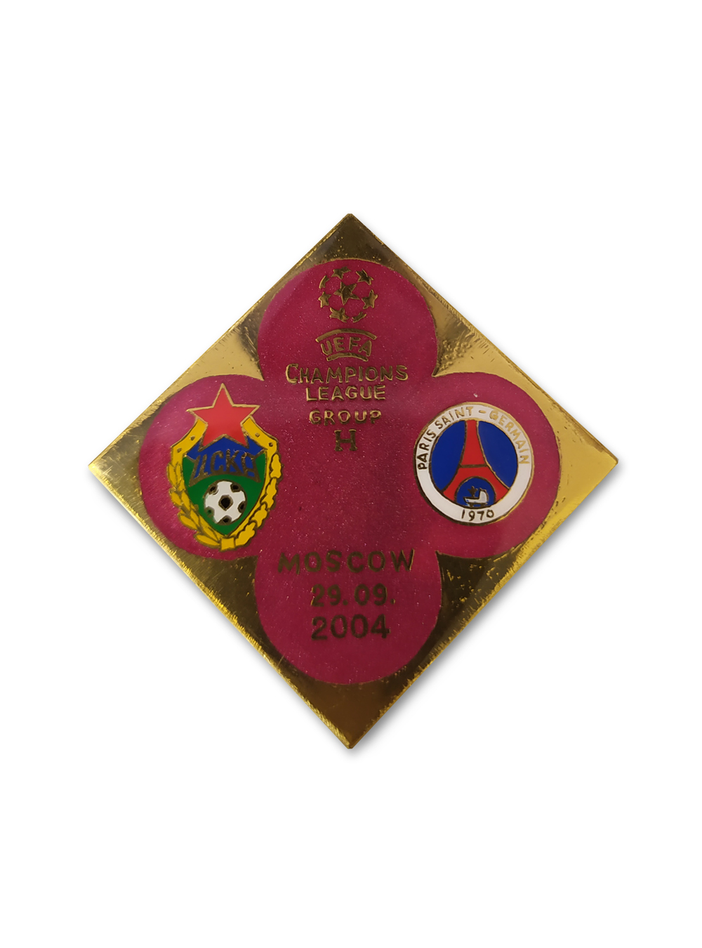 Коллекционный значок ЛЧ 2004-2005 ЦСКА-Paris Saint-Germain, цвет бордовый