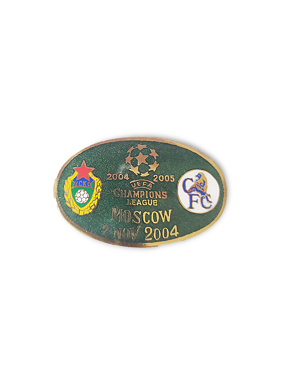 

Коллекционный значок ЛЧ 2004-2005 ЦСКА-Челси, цвет зелёный